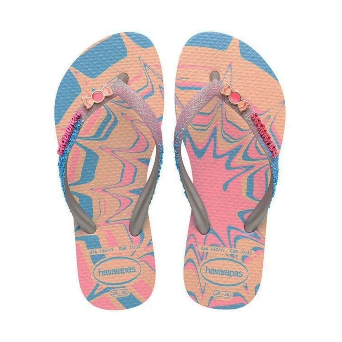 Par de chinelos infantis femininos Havaianas K Slim Glitter II rosa glow vistos de cima